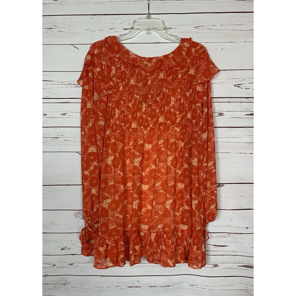 Free People Women s S Small Orange Print Long Sleeve Ruffle Cute Mini Boho Dress